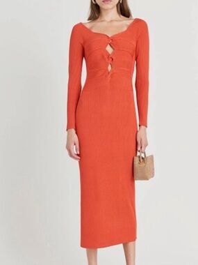 NWT CULT GAIA Deep Orange Rouge Long-Sleeve Midi Dress with Front Knot Cutouts